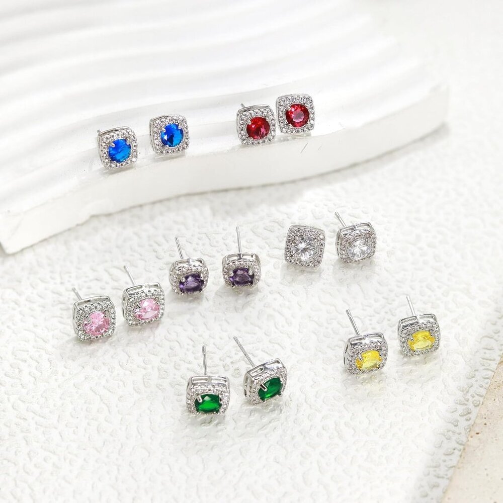 Women's Red Square Simulated Dainty Diamond Halo Sparkling Stud Earring - Picture 6 of 9